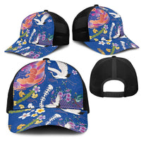 Hawaiian and Japanese Culture Together Mesh Trucker Cap Kakau Tribal Pattern and Irezumi Art Blue Color