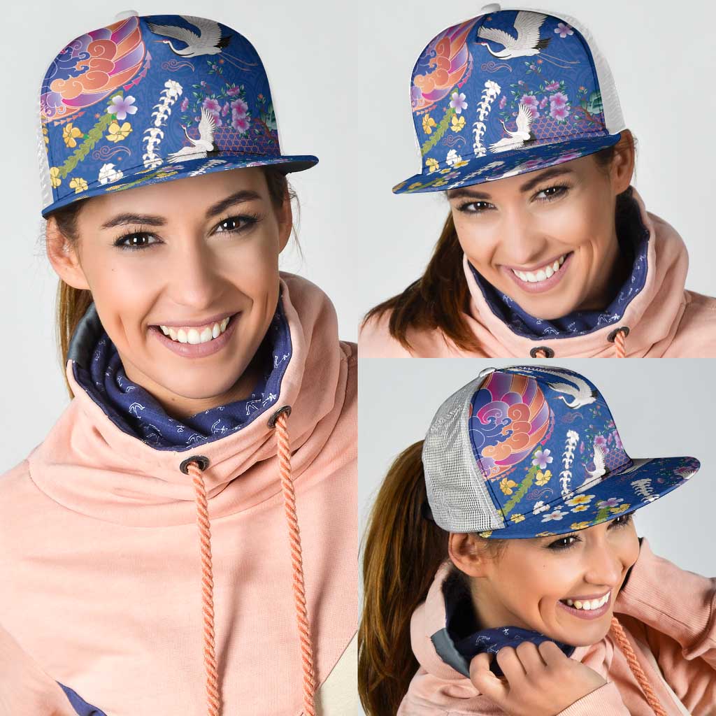 Hawaiian and Japanese Culture Together Mesh Trucker Cap Kakau Tribal Pattern and Irezumi Art Blue Color