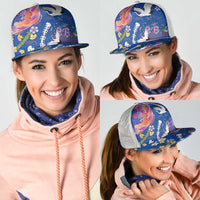 Hawaiian and Japanese Culture Together Mesh Trucker Cap Kakau Tribal Pattern and Irezumi Art Blue Color
