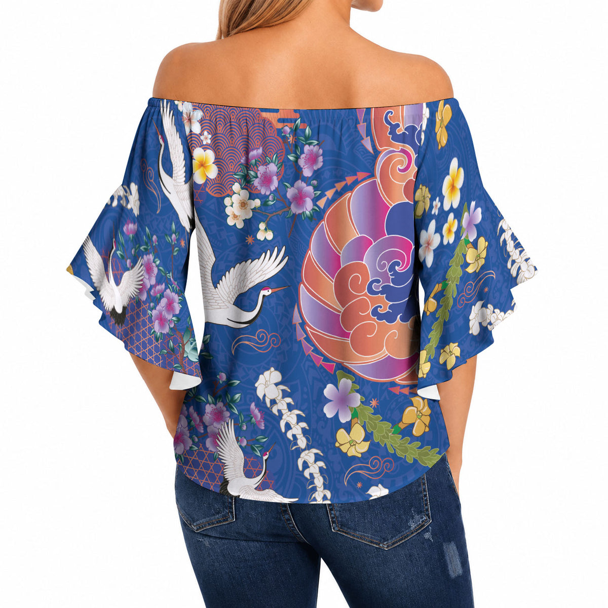 Hawaiian and Japanese Culture Together Off Shoulder Wrap Waist Top Kakau Tribal Pattern and Irezumi Art Blue Color LT03 - Polynesian Pride