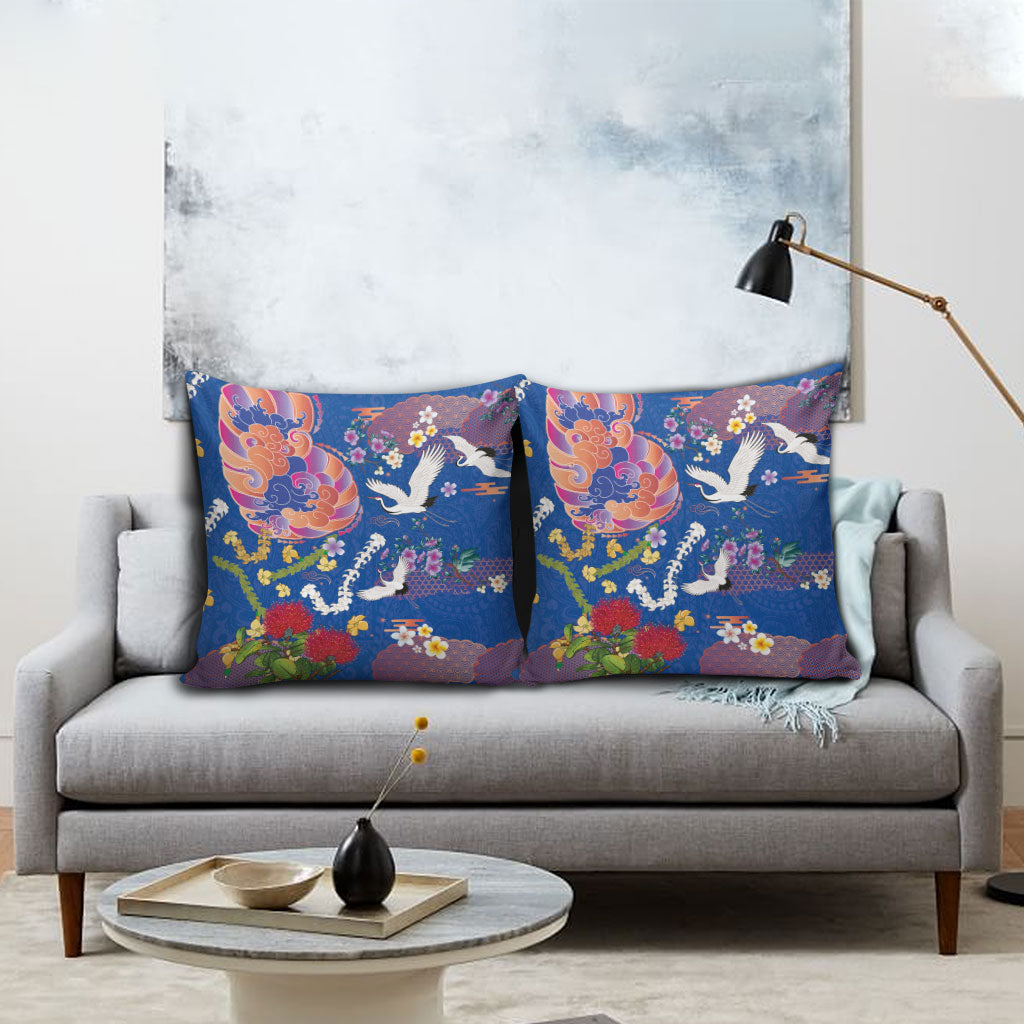 Hawaiian and Japanese Culture Together Pillow Cover Kakau Tribal Pattern and Irezumi Art Blue Color