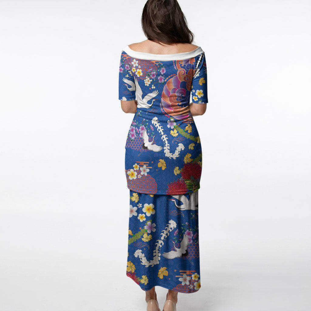Hawaiian and Japanese Culture Together Puletasi Kakau Tribal Pattern and Irezumi Art Blue Color