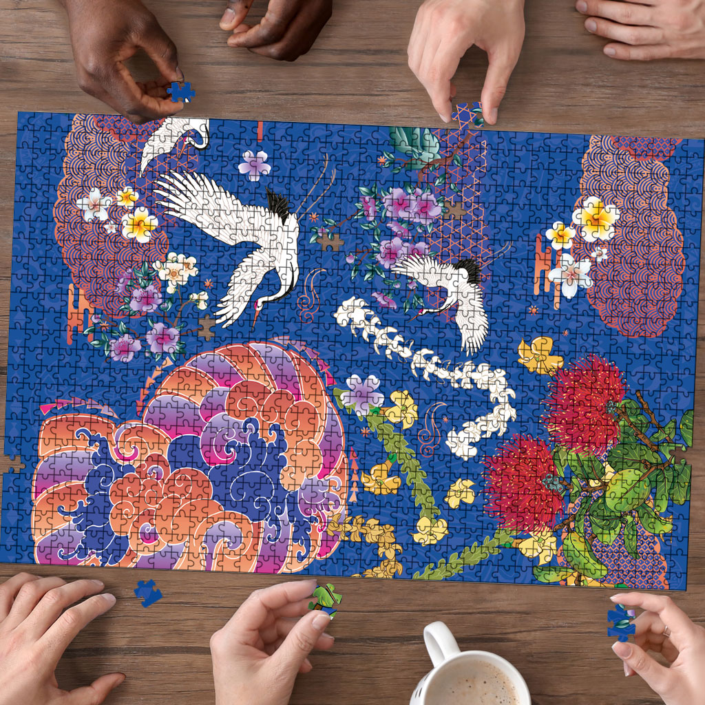 Hawaiian and Japanese Culture Together Puzzle Kakau Tribal Pattern and Irezumi Art Blue Color