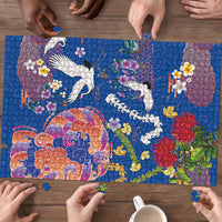 Hawaiian and Japanese Culture Together Puzzle Kakau Tribal Pattern and Irezumi Art Blue Color