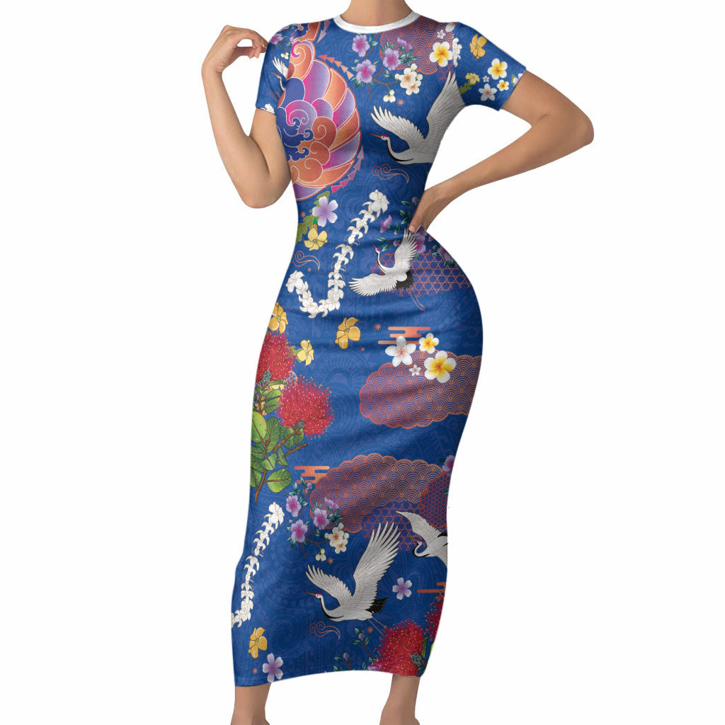 Hawaiian and Japanese Culture Together Short Sleeve Bodycon Dress Kakau Tribal Pattern and Irezumi Art Blue Color LT03 Long Dress Blue - Polynesian Pride