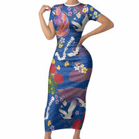 Hawaiian and Japanese Culture Together Short Sleeve Bodycon Dress Kakau Tribal Pattern and Irezumi Art Blue Color