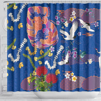 Hawaiian and Japanese Culture Together Shower Curtain Kakau Tribal Pattern and Irezumi Art Blue Color