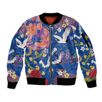 Hawaiian and Japanese Culture Together Sleeve Zip Bomber Jacket Kakau Tribal Pattern and Irezumi Art Blue Color