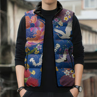 Hawaiian and Japanese Culture Together Sleeveless Puffer Jacket Kakau Tribal Pattern and Irezumi Art Blue Color