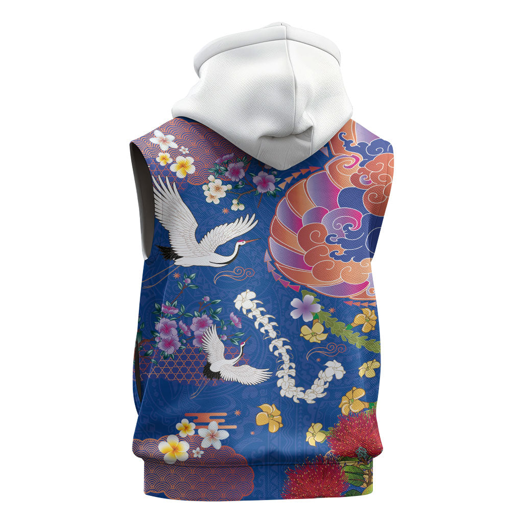 Hawaiian and Japanese Culture Together Sleeveless Zip Hoodie Kakau Tribal Pattern and Irezumi Art Blue Color
