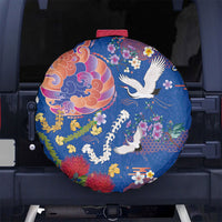 Hawaiian and Japanese Culture Together Spare Tire Cover Kakau Tribal Pattern and Irezumi Art Blue Color