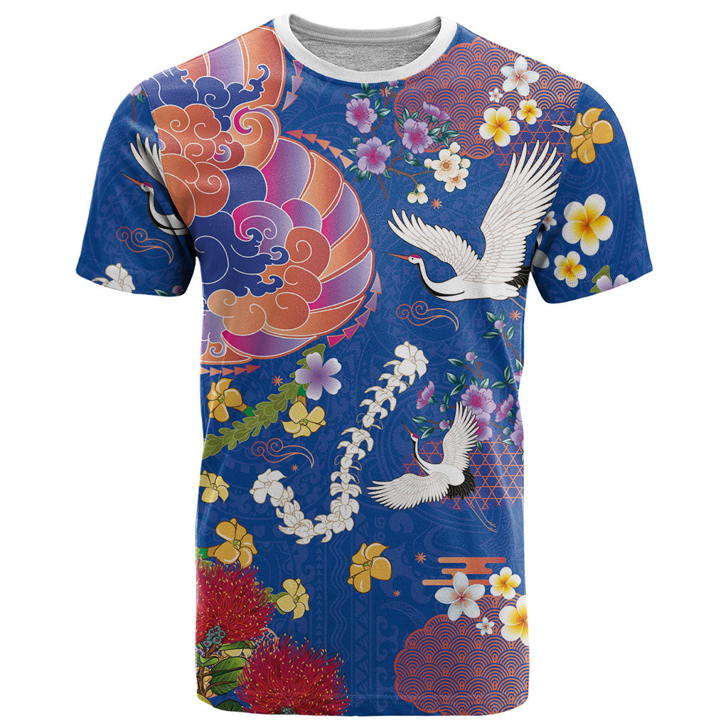Hawaiian and Japanese Culture Together T Shirt Kakau Tribal Pattern and Irezumi Art Blue Color