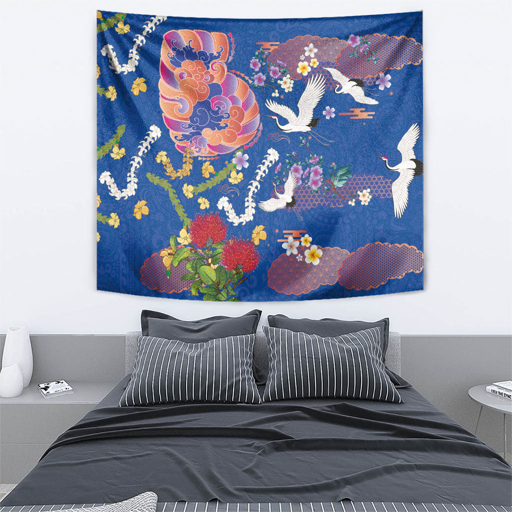 Hawaiian and Japanese Culture Together Tapestry Kakau Tribal Pattern and Irezumi Art Blue Color
