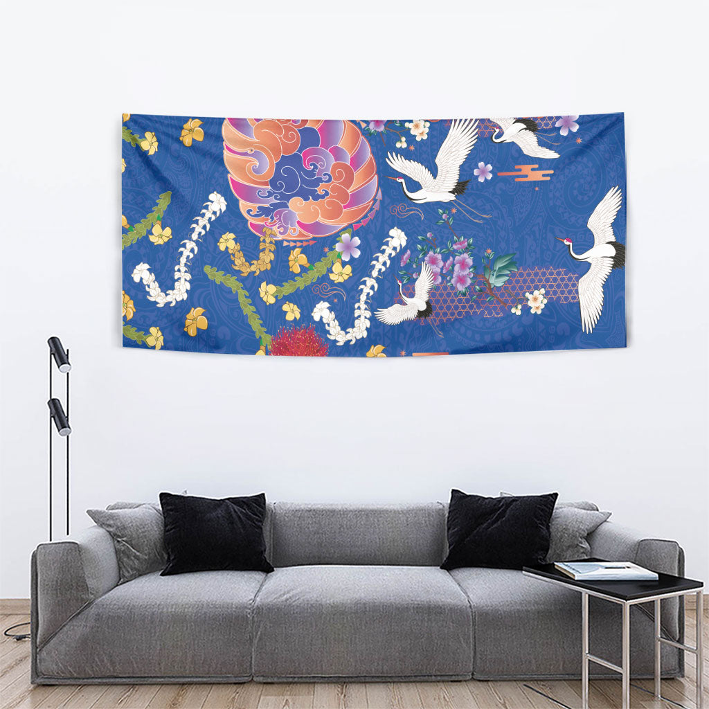 Hawaiian and Japanese Culture Together Tapestry Kakau Tribal Pattern and Irezumi Art Blue Color