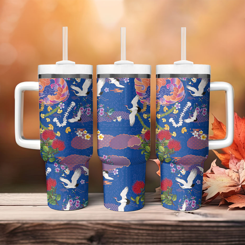 Hawaiian and Japanese Culture Together Tumbler With Handle Kakau Tribal Pattern and Irezumi Art Blue Color