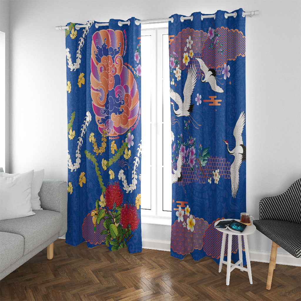 Hawaiian and Japanese Culture Together Window Curtain Kakau Tribal Pattern and Irezumi Art Blue Color