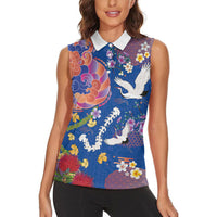 Hawaiian and Japanese Culture Together Women Sleeveless Polo Shirt Kakau Tribal Pattern and Irezumi Art Blue Color