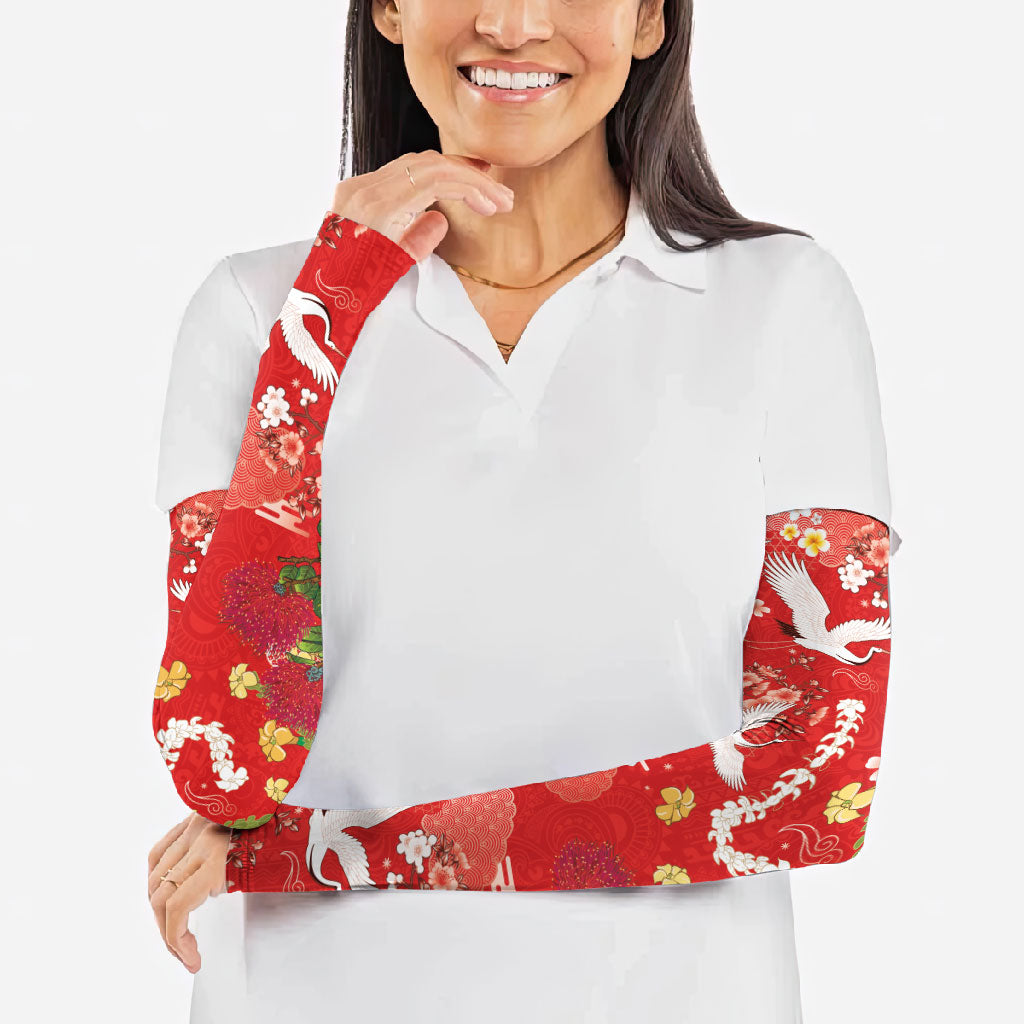 Hawaiian and Japanese Culture Together Arm Sleeves Kakau Tribal Pattern and Irezumi Art Red Color