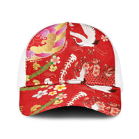 Hawaiian and Japanese Culture Together Baseball Net Cap Kakau Tribal Pattern and Irezumi Art Red Color