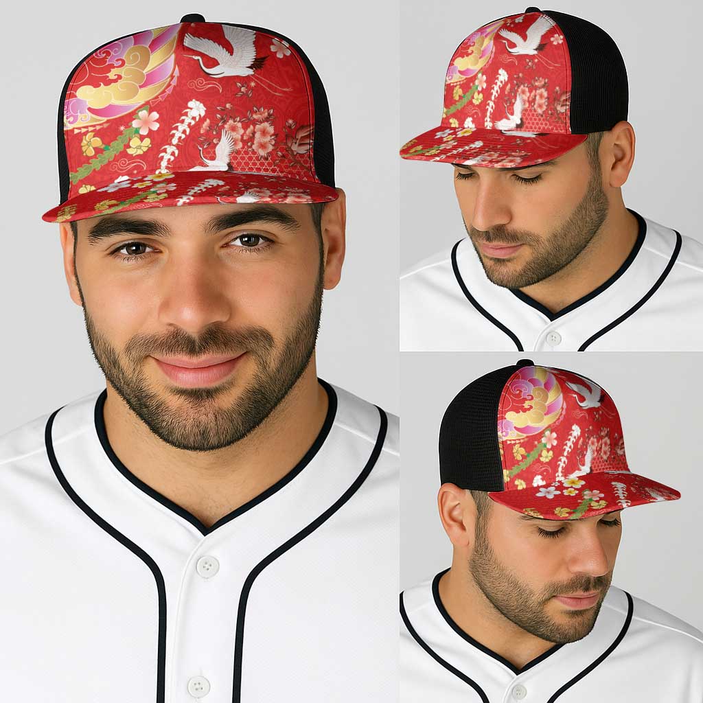 Hawaiian and Japanese Culture Together Baseball Net Cap Kakau Tribal Pattern and Irezumi Art Red Color