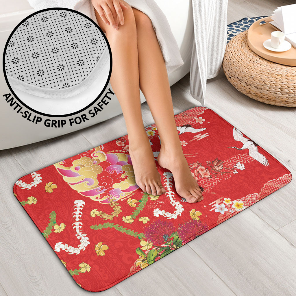 Hawaiian and Japanese Culture Together Bathroom Set Kakau Tribal Pattern and Irezumi Art Red Color