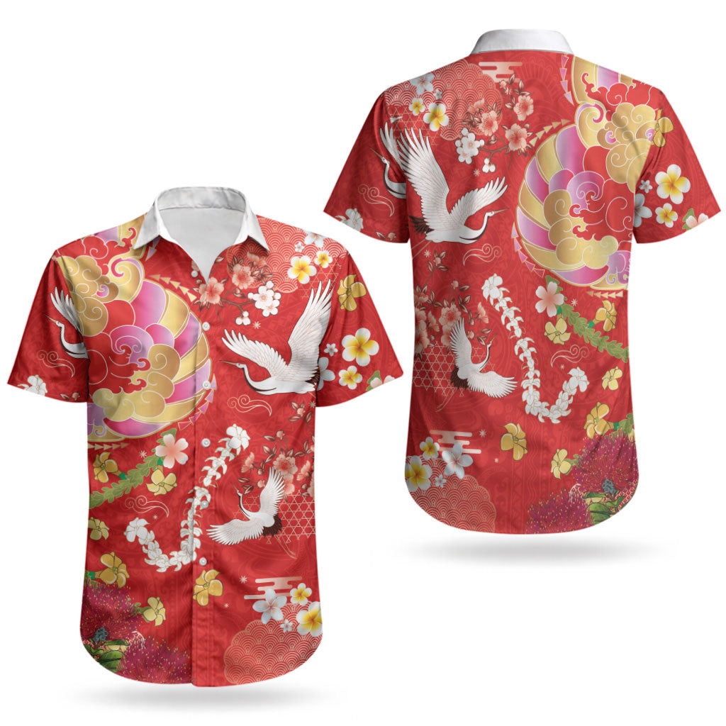 Hawaiian and Japanese Culture Together Couples Matching Mermaid Dress and Hawaiian Shirt Kakau Tribal Pattern and Irezumi Art Red Color