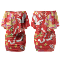 Hawaiian and Japanese Culture Together Couples Matching Off Shoulder Short Dress and Hawaiian Shirt Kakau Tribal Pattern and Irezumi Art Red Color