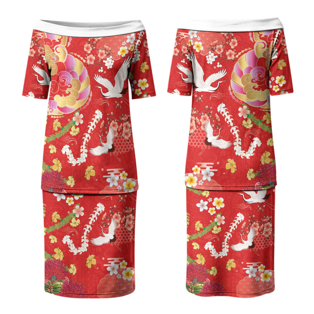 Hawaiian and Japanese Culture Together Couples Matching Puletasi and Hawaiian Shirt Kakau Tribal Pattern and Irezumi Art Red Color