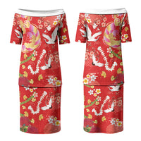 Hawaiian and Japanese Culture Together Couples Matching Puletasi and Hawaiian Shirt Kakau Tribal Pattern and Irezumi Art Red Color