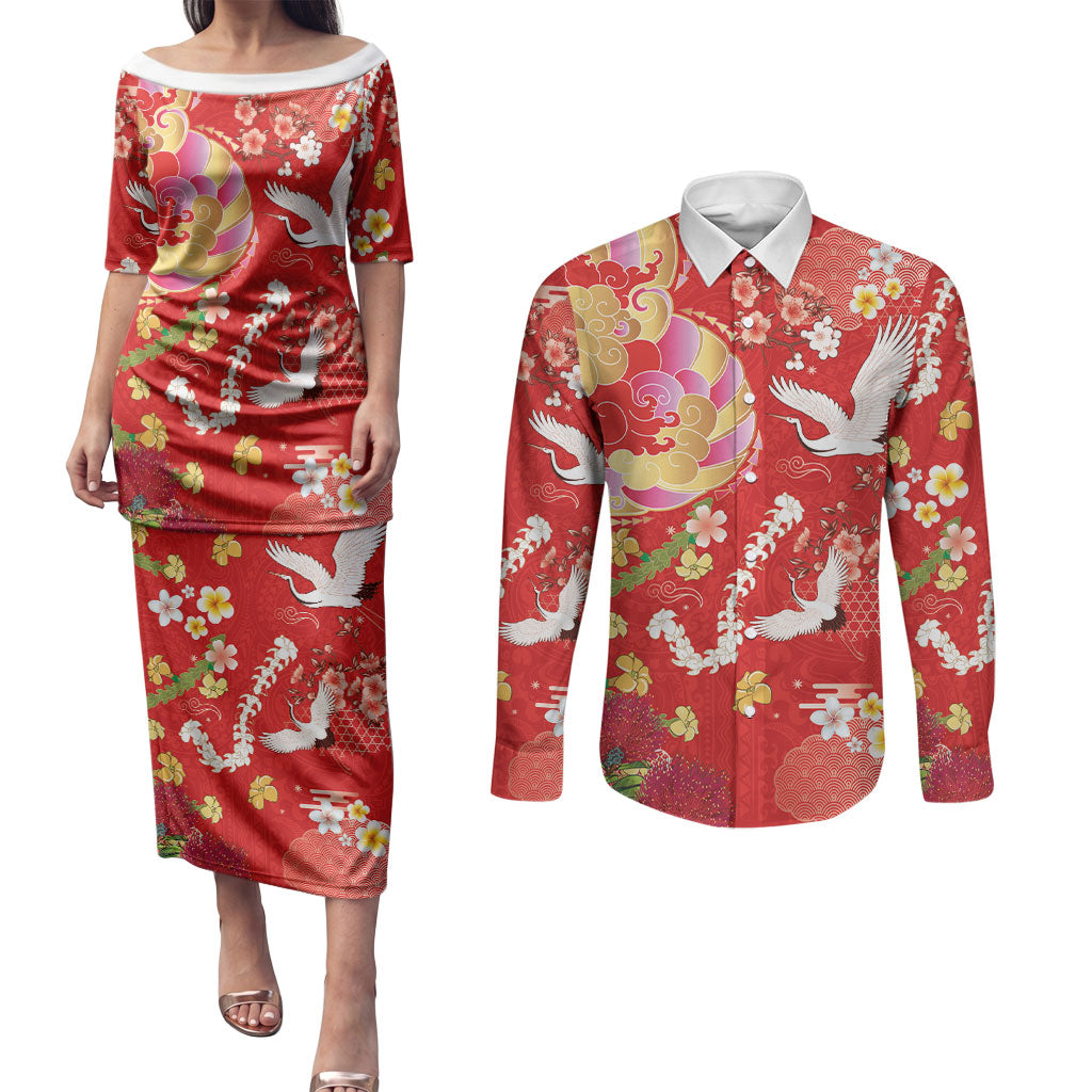Hawaiian and Japanese Culture Together Couples Matching Puletasi and Long Sleeve Button Shirt Kakau Tribal Pattern and Irezumi Art Red Color