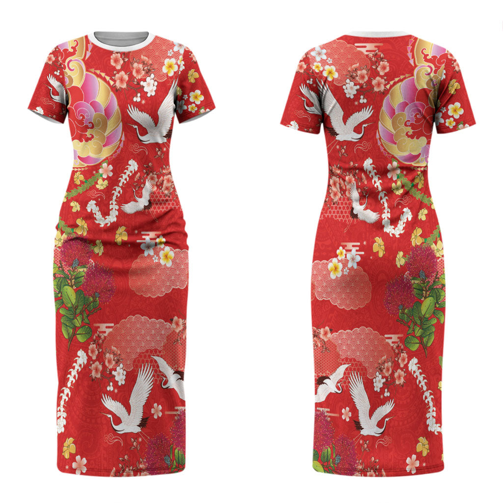Hawaiian and Japanese Culture Together Couples Matching Short Sleeve Bodycon Dress and Long Sleeve Button Shirt Kakau Tribal Pattern and Irezumi Art Red Color