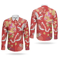 Hawaiian and Japanese Culture Together Couples Matching Summer Maxi Dress and Long Sleeve Button Shirt Kakau Tribal Pattern and Irezumi Art Red Color