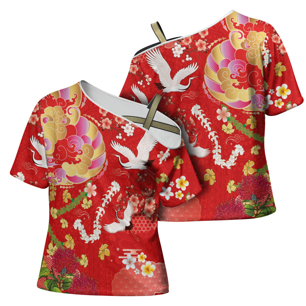 Hawaiian and Japanese Culture Together Cross Shoulder Shirt Kakau Tribal Pattern and Irezumi Art Red Color