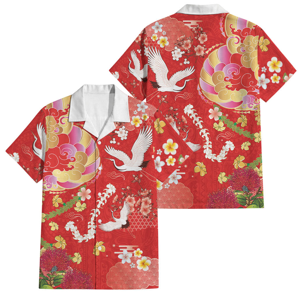 Hawaiian and Japanese Culture Together Family Matching Off The Shoulder Long Sleeve Dress and Hawaiian Shirt Kakau Tribal Pattern and Irezumi Art Red Color