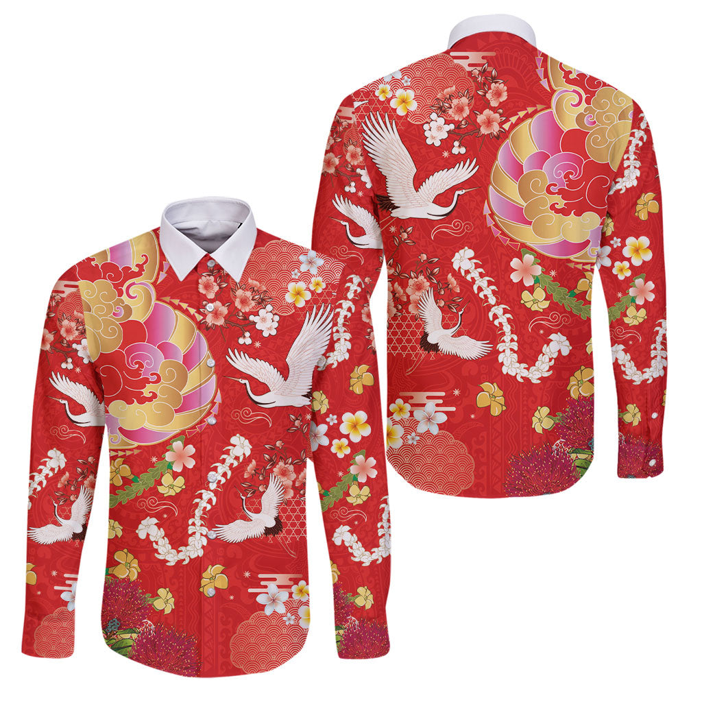 Hawaiian and Japanese Culture Together Family Matching Off Shoulder Short Dress and Hawaiian Shirt Kakau Tribal Pattern and Irezumi Art Red Color