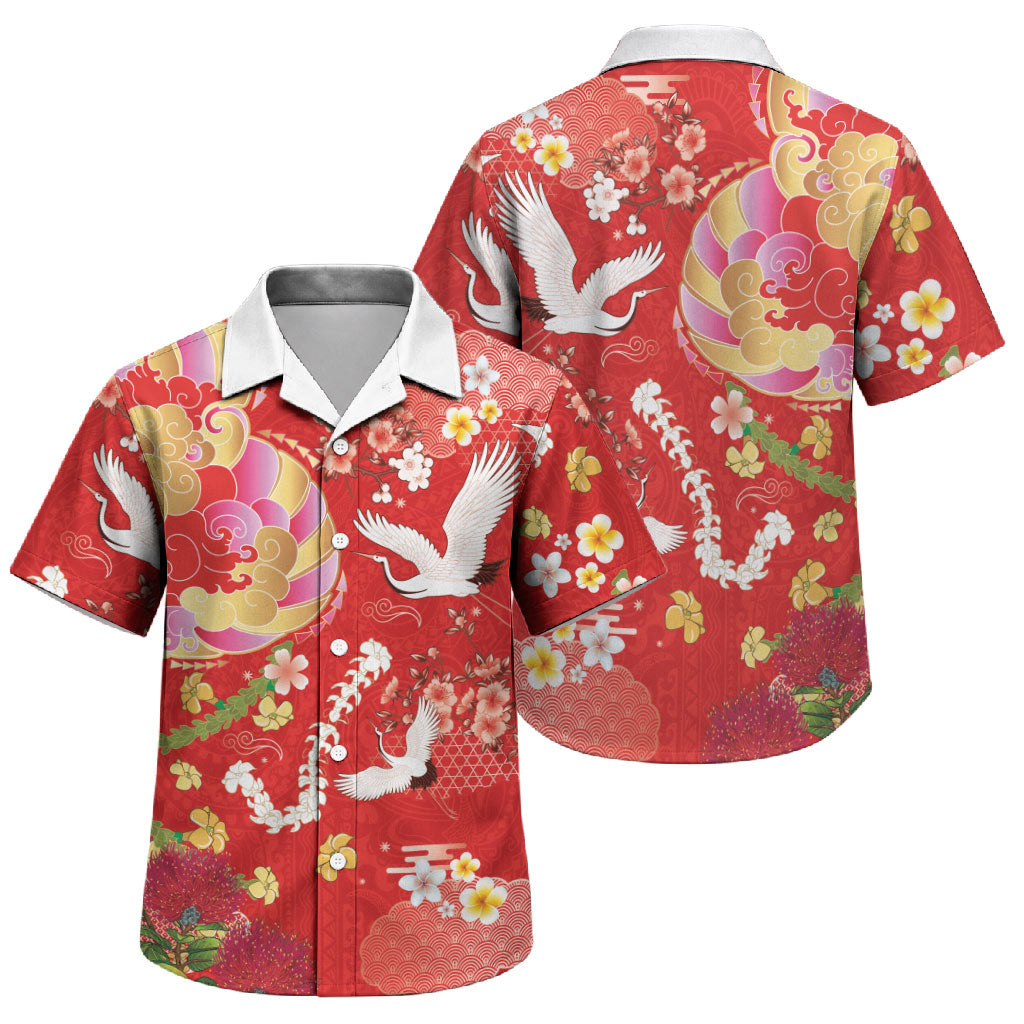 Hawaiian and Japanese Culture Together Family Matching Off Shoulder Short Dress and Hawaiian Shirt Kakau Tribal Pattern and Irezumi Art Red Color