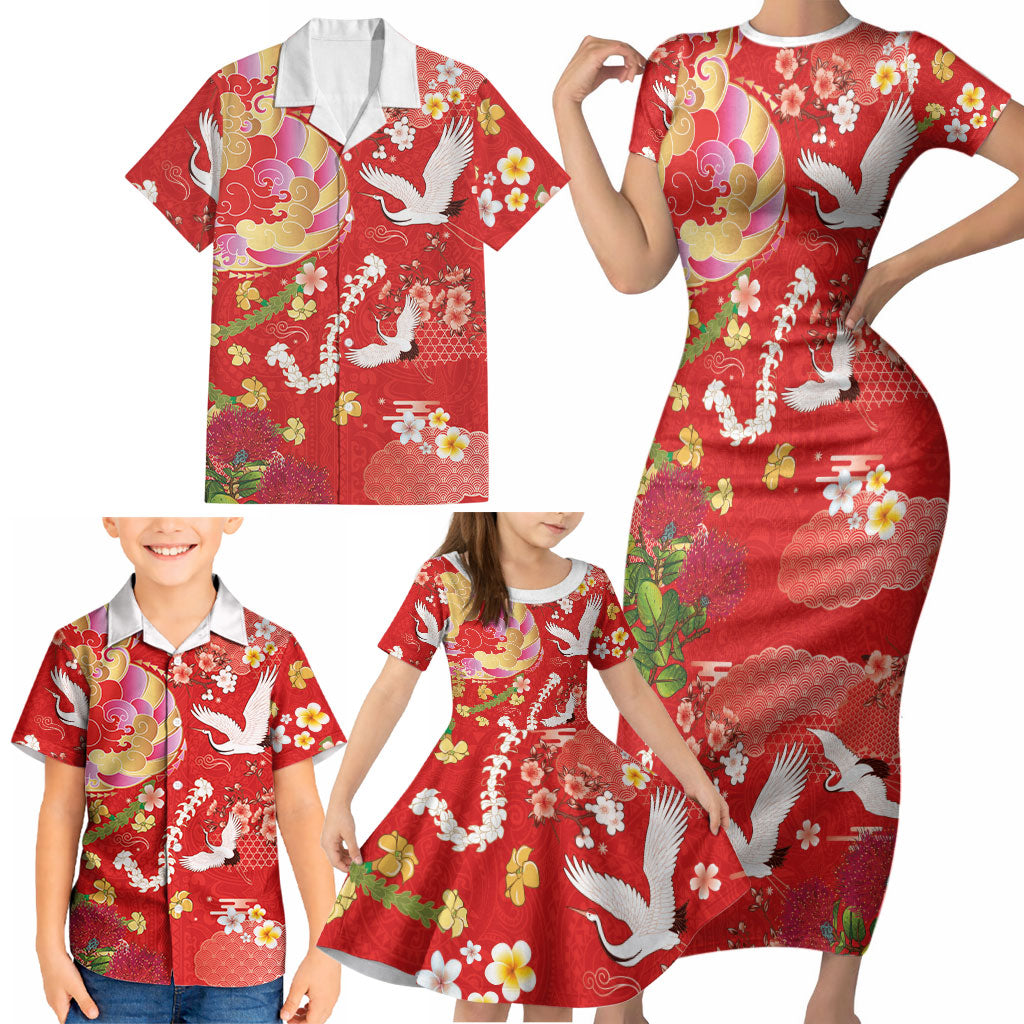 Hawaiian and Japanese Culture Together Family Matching Short Sleeve Bodycon Dress and Hawaiian Shirt Kakau Tribal Pattern and Irezumi Art Red Color LT03 - Polynesian Pride