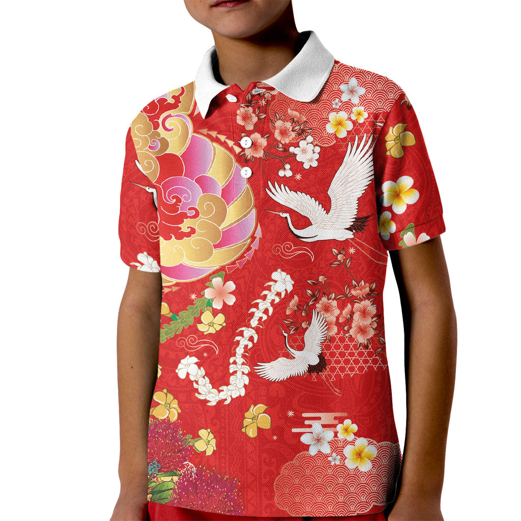 Hawaiian and Japanese Culture Together Kid Polo Shirt Kakau Tribal Pattern and Irezumi Art Red Color