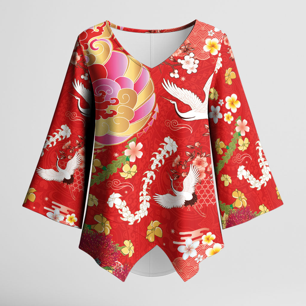 Hawaiian and Japanese Culture Together Kimono Sleeve Blouse Kakau Tribal Pattern and Irezumi Art Red Color