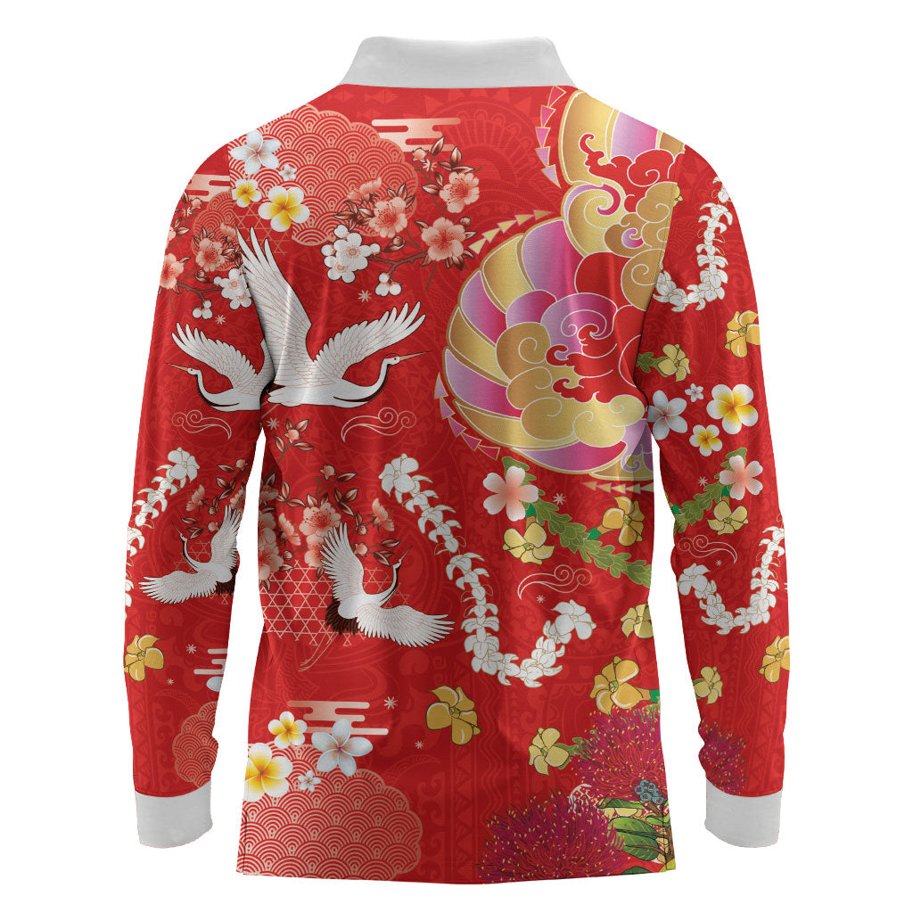Hawaiian and Japanese Culture Together Long Sleeve Polo Shirt Kakau Tribal Pattern and Irezumi Art Red Color