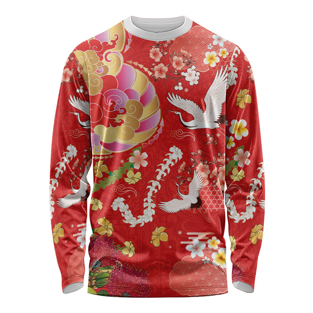 Hawaiian and Japanese Culture Together Long Sleeve Shirt Kakau Tribal Pattern and Irezumi Art Red Color LT03 Unisex Red - Polynesian Pride