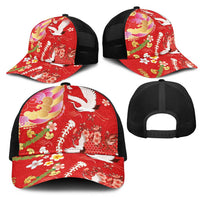 Hawaiian and Japanese Culture Together Mesh Trucker Cap Kakau Tribal Pattern and Irezumi Art Red Color
