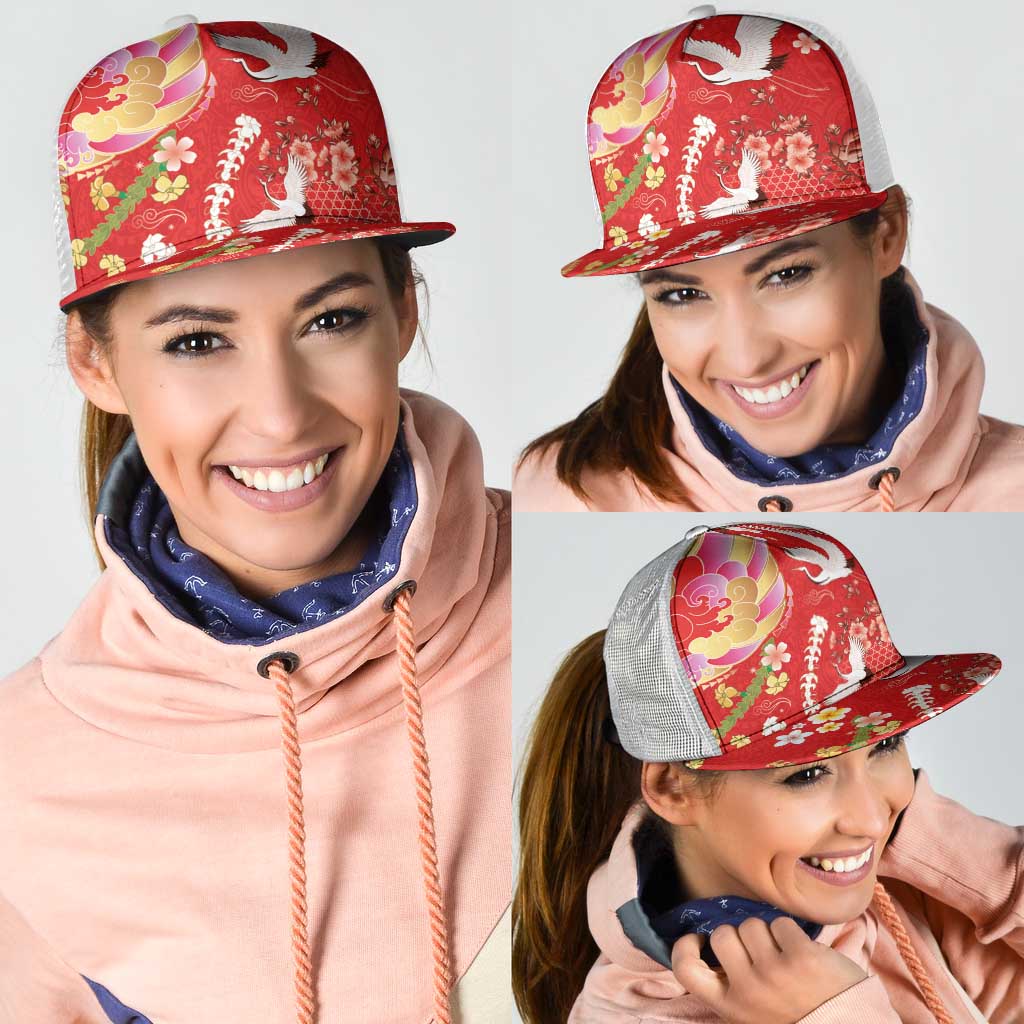 Hawaiian and Japanese Culture Together Mesh Trucker Cap Kakau Tribal Pattern and Irezumi Art Red Color