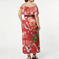 Hawaiian and Japanese Culture Together Off Shoulder Maxi Dress Kakau Tribal Pattern and Irezumi Art Red Color