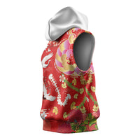 Hawaiian and Japanese Culture Together Sleeveless Hoodie Kakau Tribal Pattern and Irezumi Art Red Color