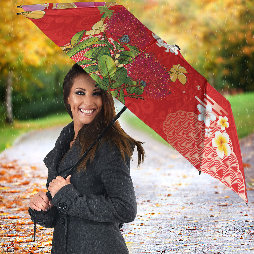 Hawaiian and Japanese Culture Together Umbrella Kakau Tribal Pattern and Irezumi Art Red Color