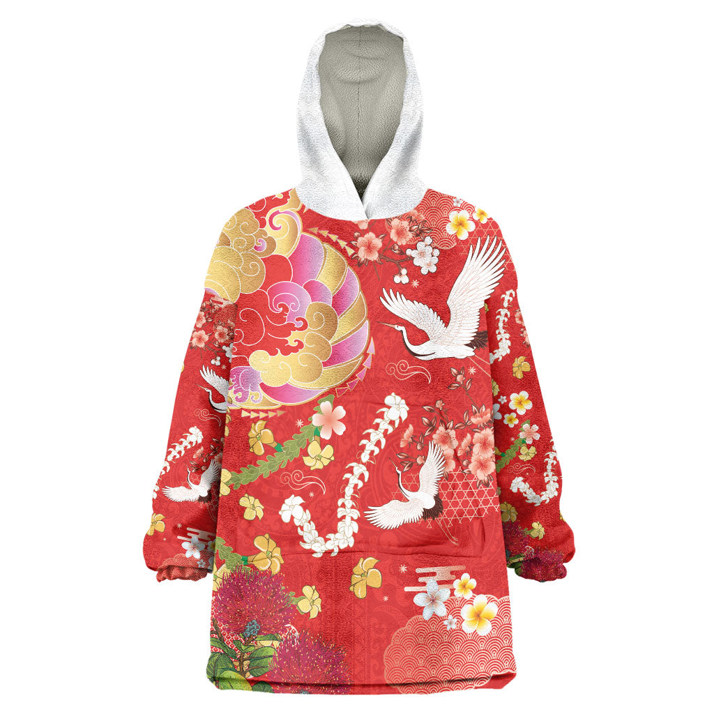 Hawaiian and Japanese Culture Together Wearable Blanket Hoodie Kakau Tribal Pattern and Irezumi Art Red Color