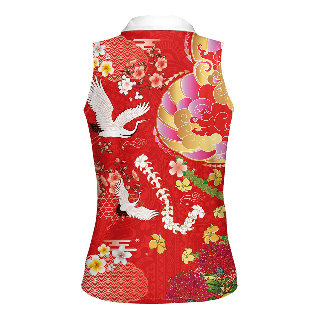 Hawaiian and Japanese Culture Together Women Sleeveless Polo Shirt Kakau Tribal Pattern and Irezumi Art Red Color