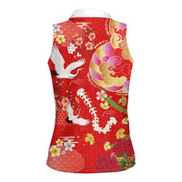 Hawaiian and Japanese Culture Together Women Sleeveless Polo Shirt Kakau Tribal Pattern and Irezumi Art Red Color