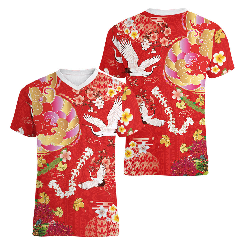 Hawaiian and Japanese Culture Together Women V-Neck T-Shirt Kakau Tribal Pattern and Irezumi Art Red Color